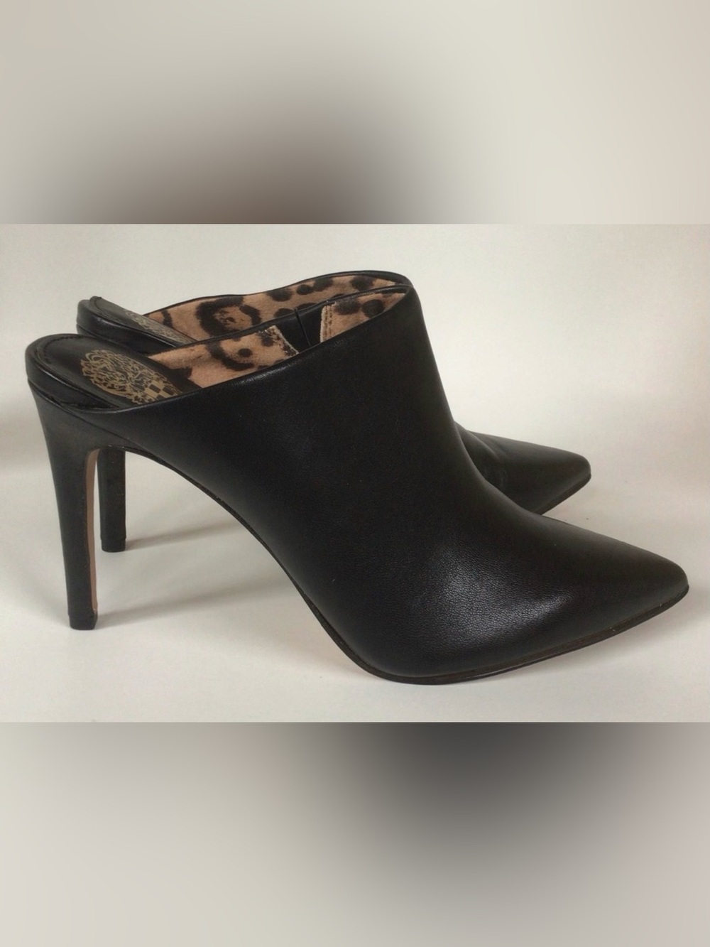 Vince Camuto Black Pointed Leather Mule Heels with Leopard Lining - Picture 12 of 16